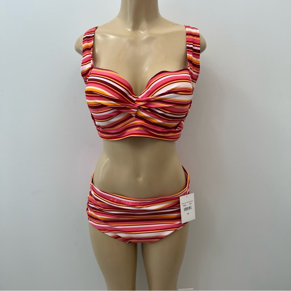 New 2-piece Bikini Sz 2x Strappy Bottom Push Up Top Island Rays Striped